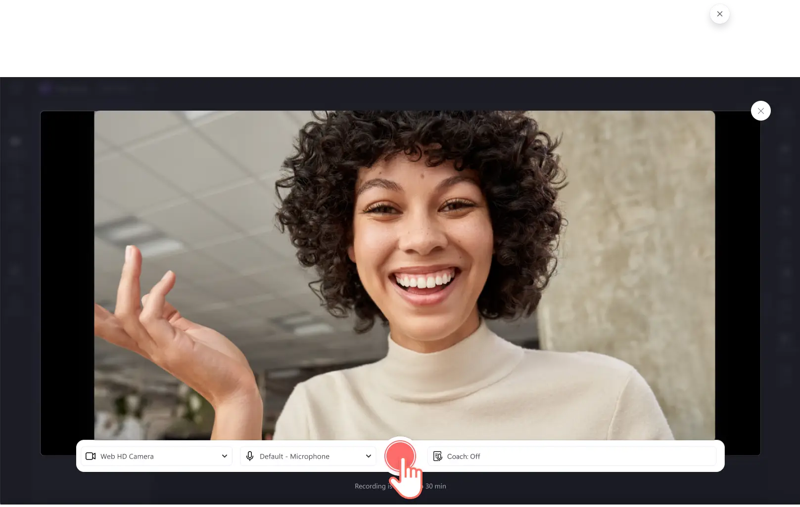 Selecione fontes, treinador de discurso e grave sua webcam no Clipchamp