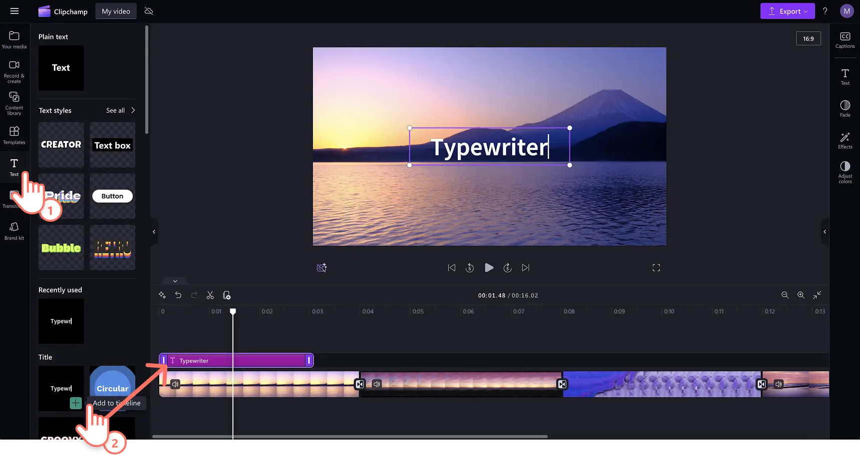 A user adding text to the timeline in Clipchamp
