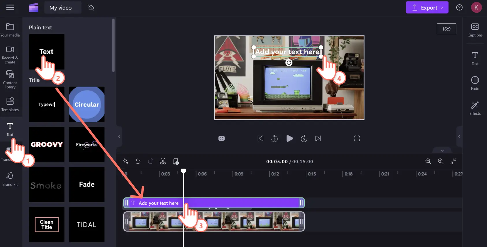 Una imagen de un usuario de Clipchamp arrastrando y soltando un cuadro de texto en la línea de tiempo de edición para hacer un meme GIF.