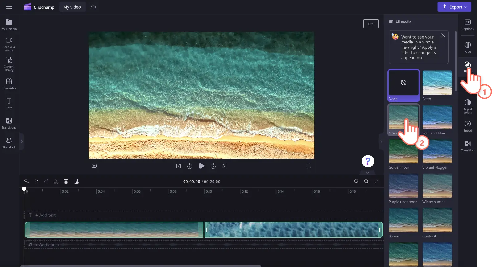 Kuvassa on käyttäjä lisäämässä videosuodatinta.