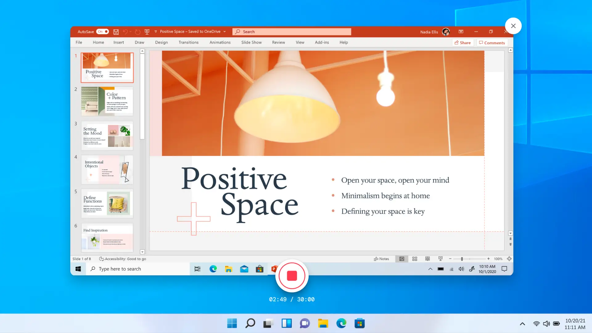 Imagen de la pantalla de un usuario grabando su presentación de PowerPoint. 