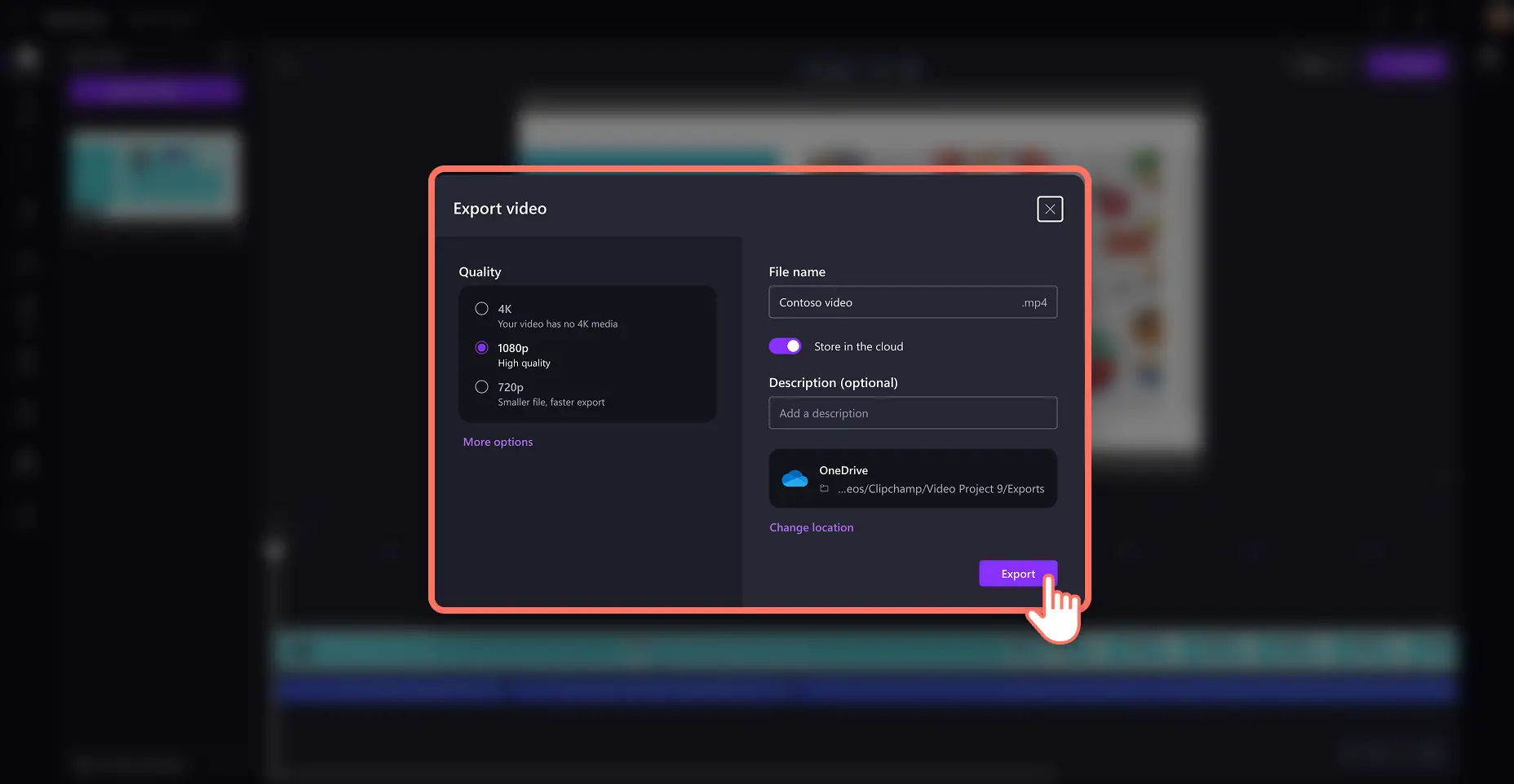 Un usuario guarda un vídeo narrado en alta calidad en Clipchamp para el trabajo