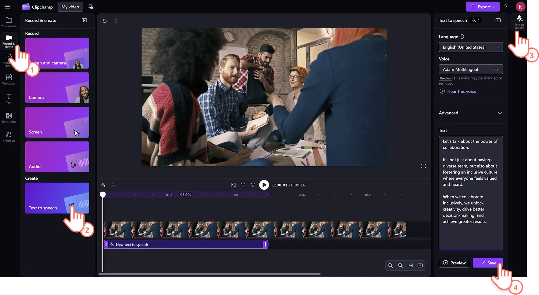 Un utilizator care adaugă un voiceover cu inteligență artificială la un videoclip folosind generatorul de text transformat în vorbire din editorul video Clipchamp.