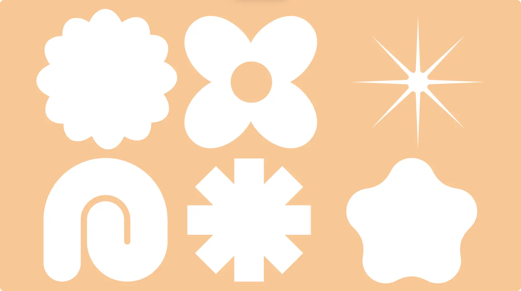 Sechs weiße geometrische Formen auf einem orangefarbenen Hintergrund.