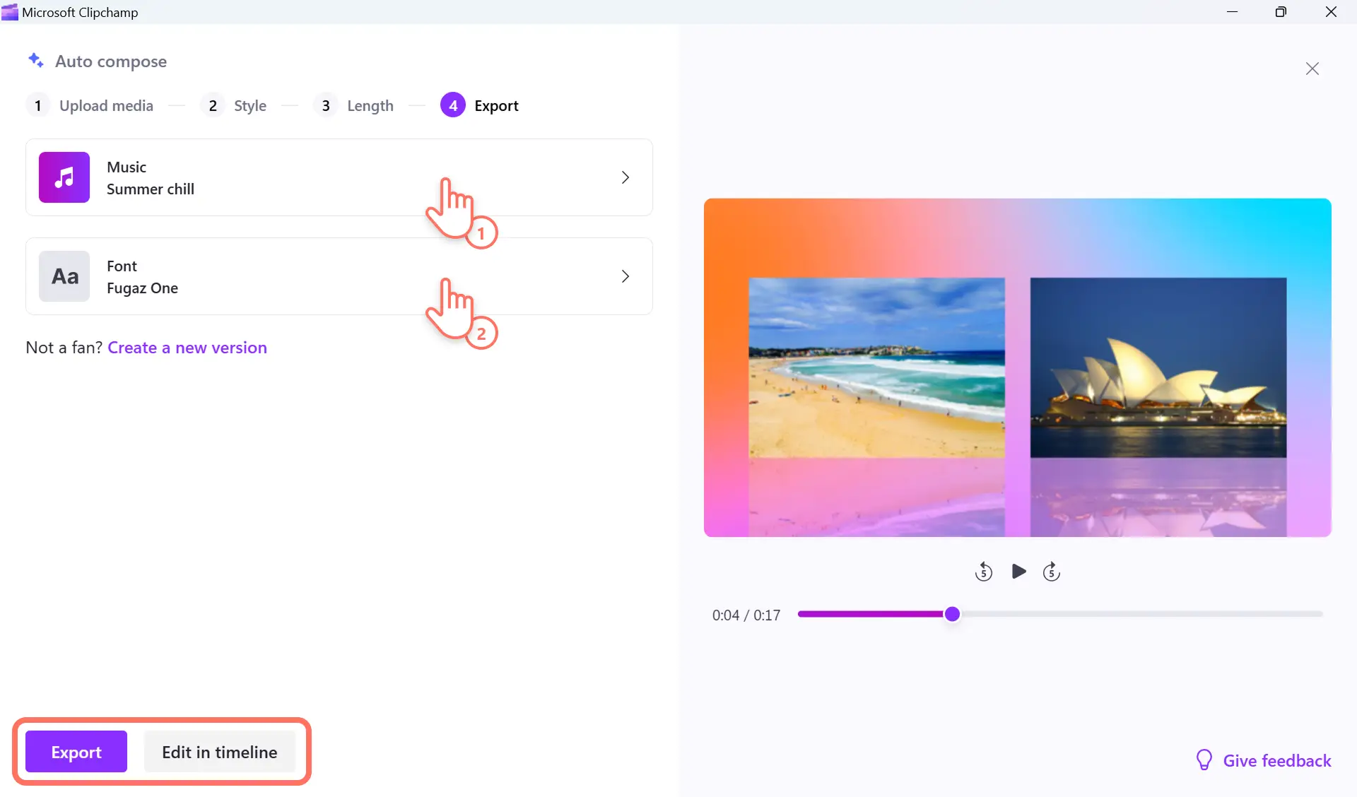 Select music and text in auto compose