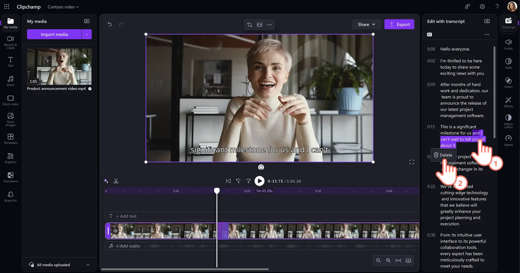 En bruger redigerer en video ved hjælp af afskriftsbaseret redigering i Clipchamp til arbejde