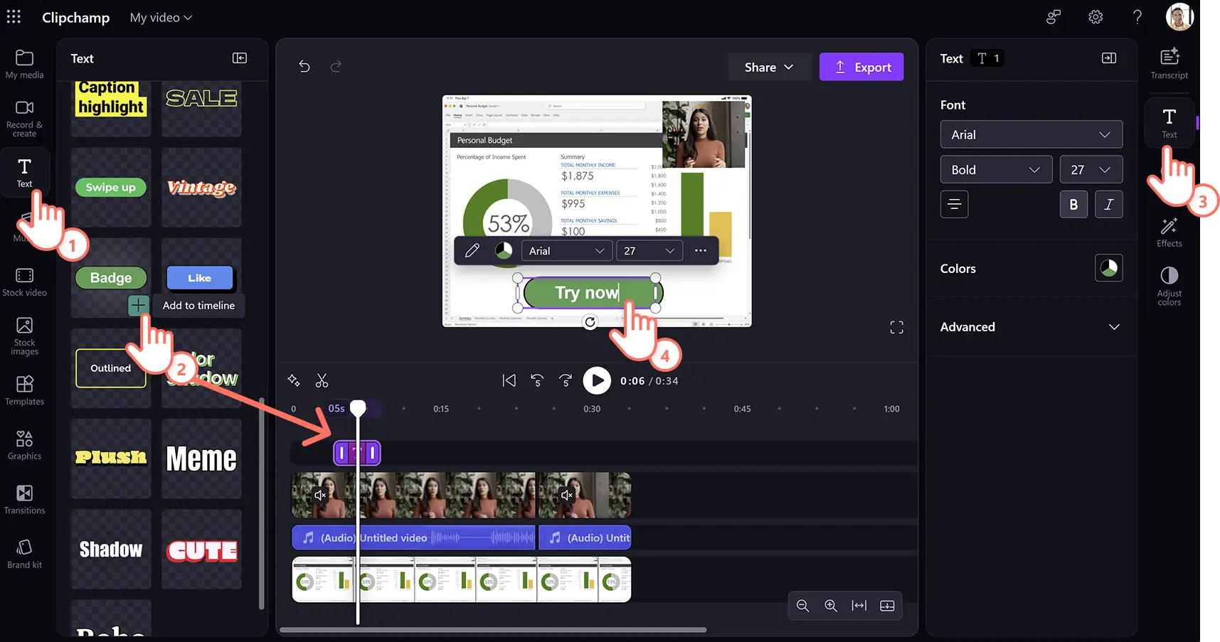 Eine Person, die animierten Text zu einem Produktdemovideo in Clipchamp für die Arbeit hinzufügt