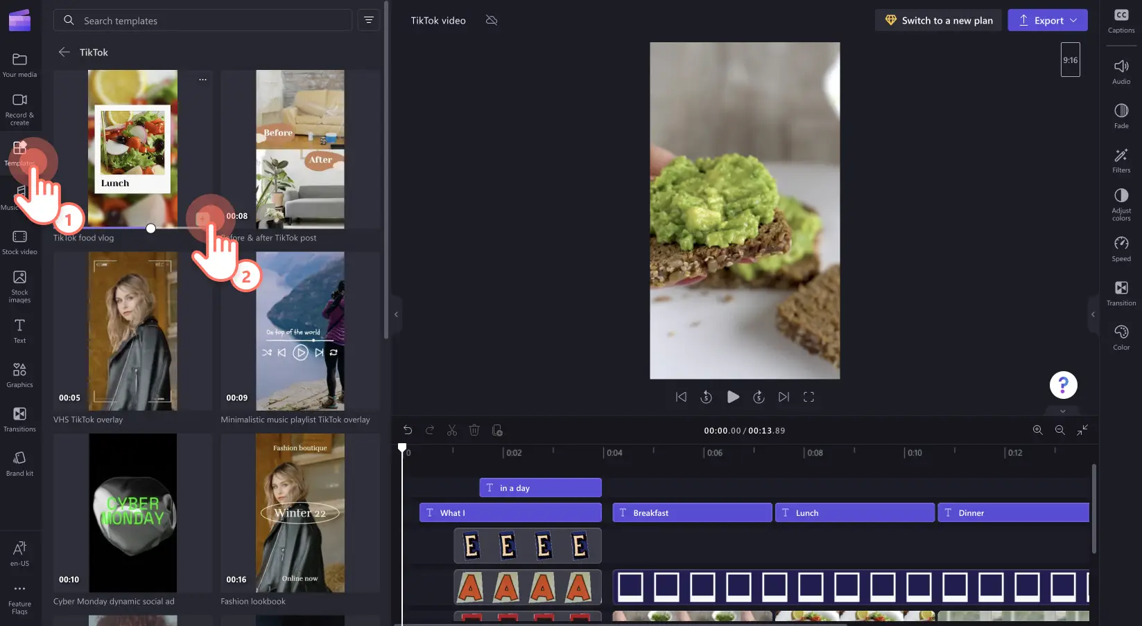 Jak utworzyć film na platformę TikTok za pomocą edytora wideo Clipchamp — szablon 1.