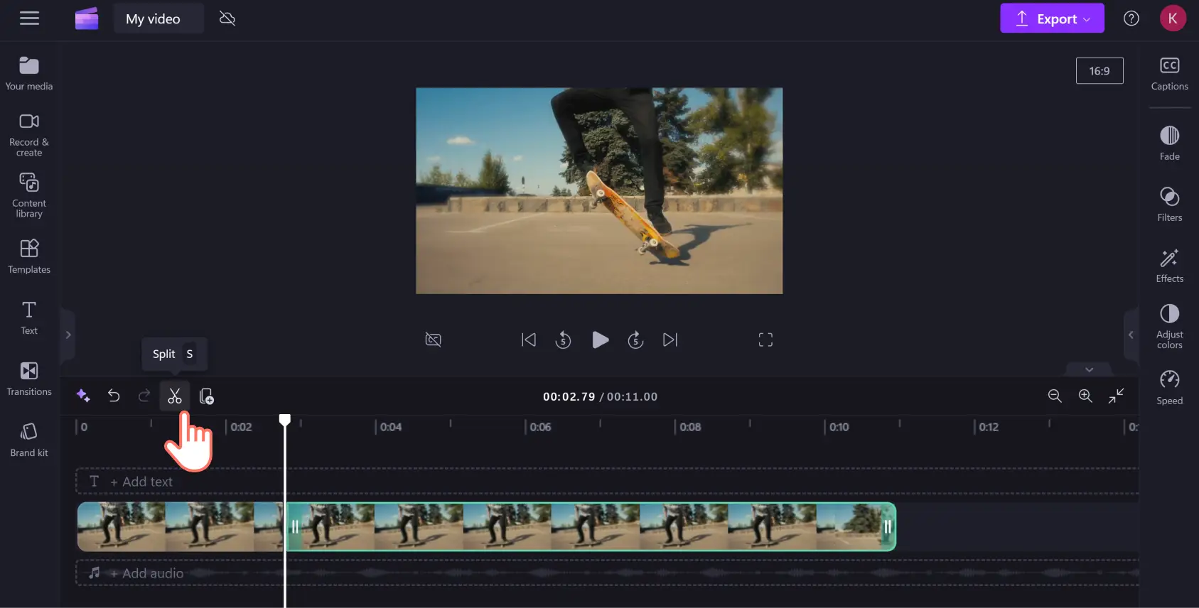An image of a Clipchamp user clicking the split button.