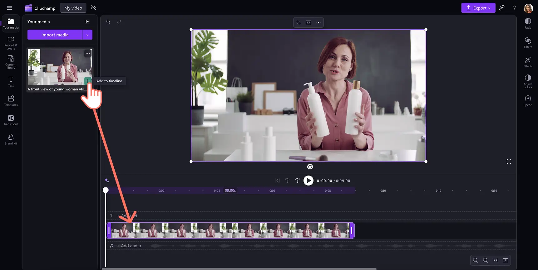 A user dragging and dropping a video from the your media tab onto the timeline in Clipchamp.