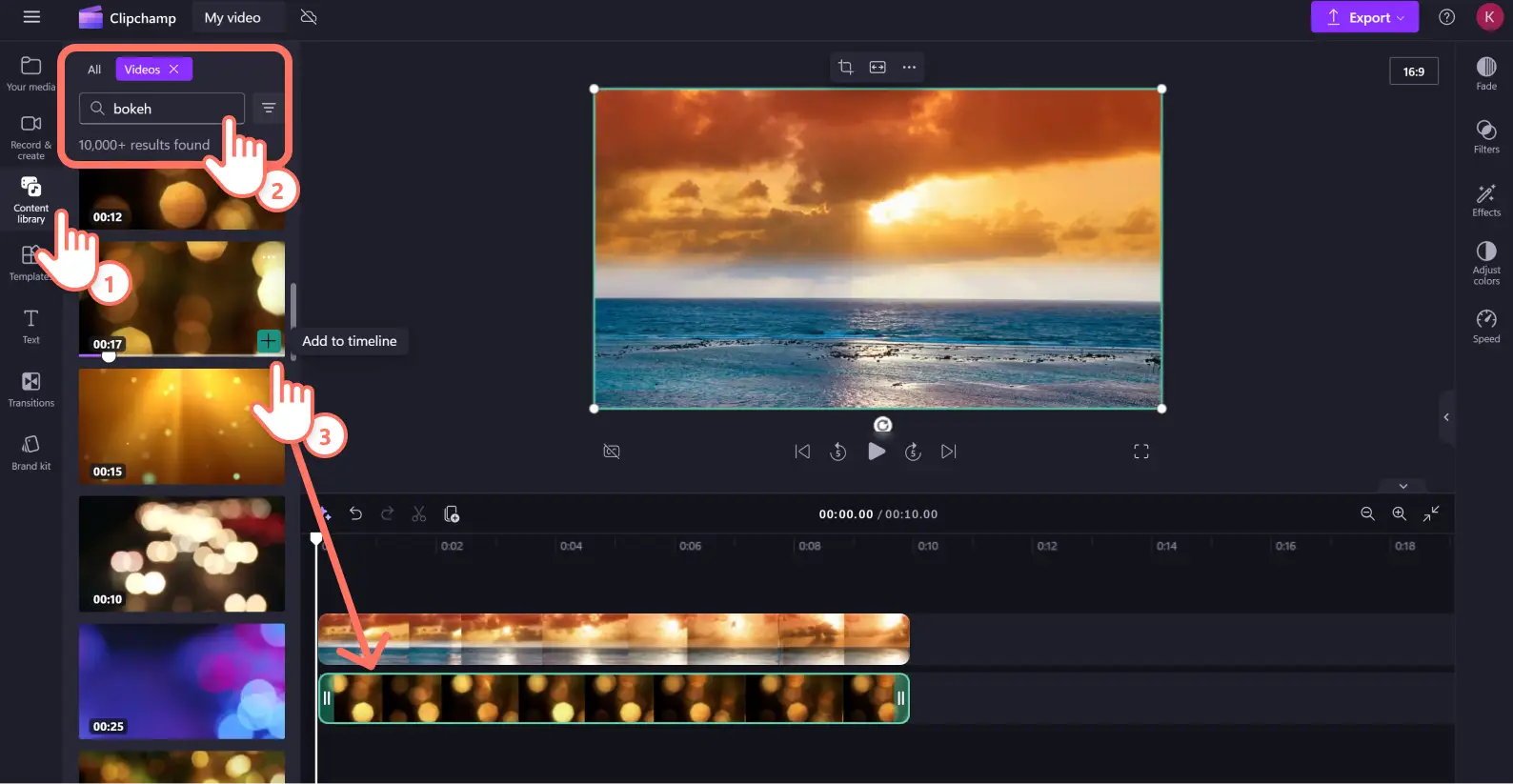 A user dragging a bokeh effect video onto the timeline in Clipchamp.