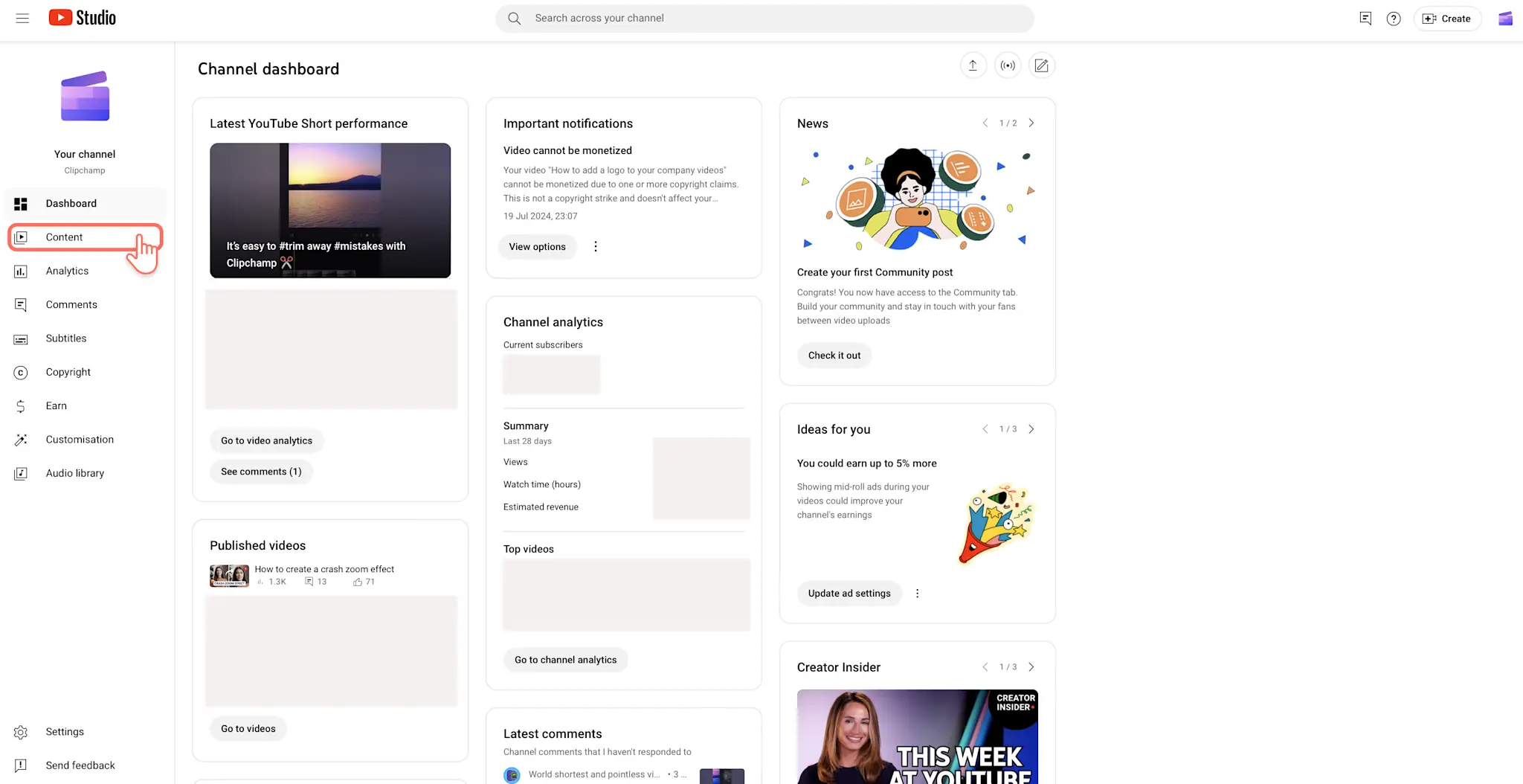 Vue de YouTube Studio et sélection du contenu.