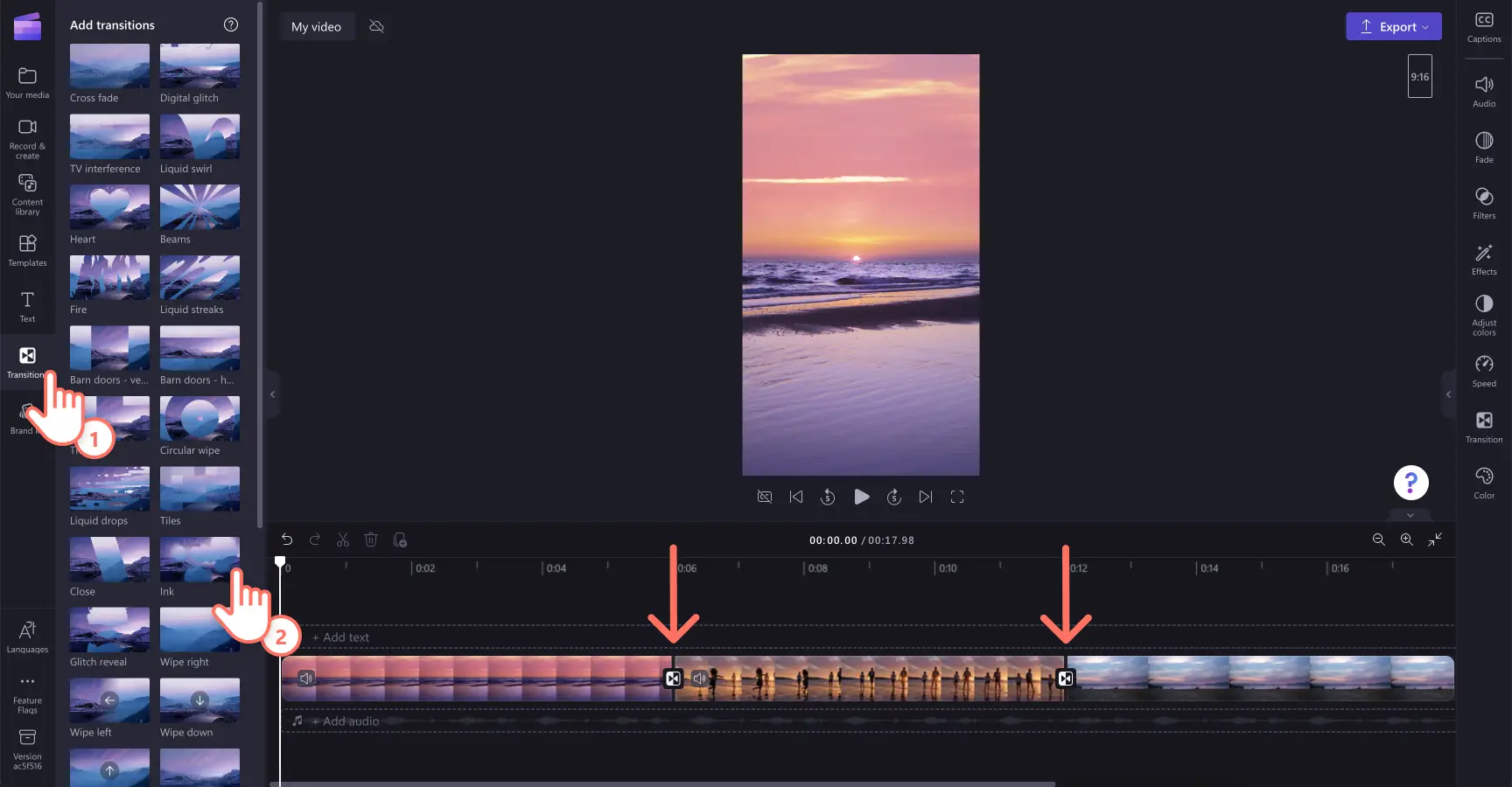 Gambar pengguna menambahkan transisi antar video di lini masa.