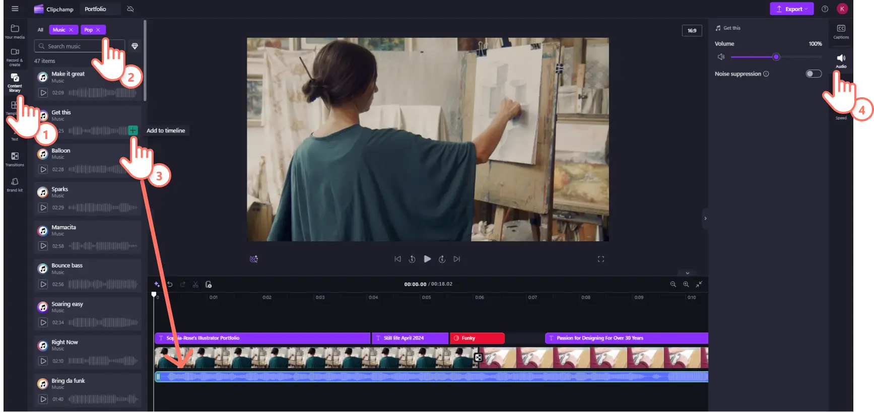 Een Clipchamp-gebruiker die muziek toevoegt aan een videoportfolio.