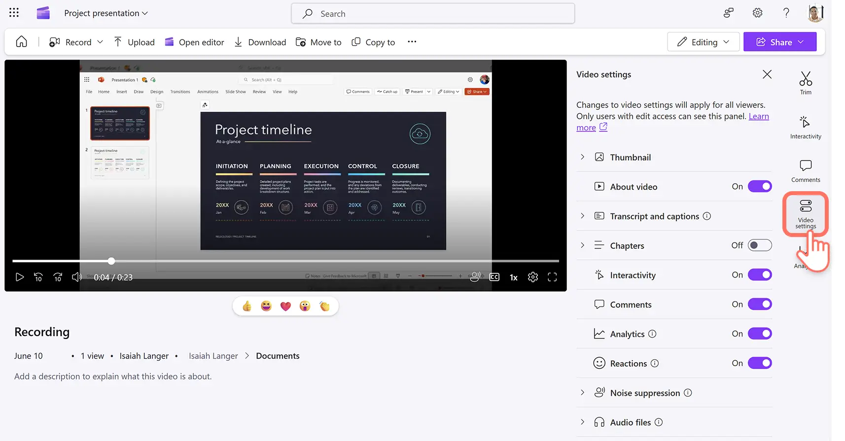 En bruker klikker på videoinnstillingsfanen i Microsoft Clipchamp.