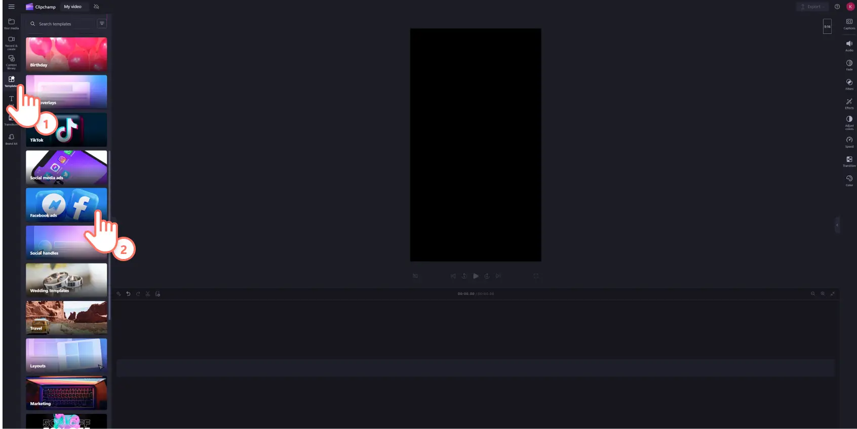 An image of a Clipchamp user hovering their cursor above the Facebook video ads template.