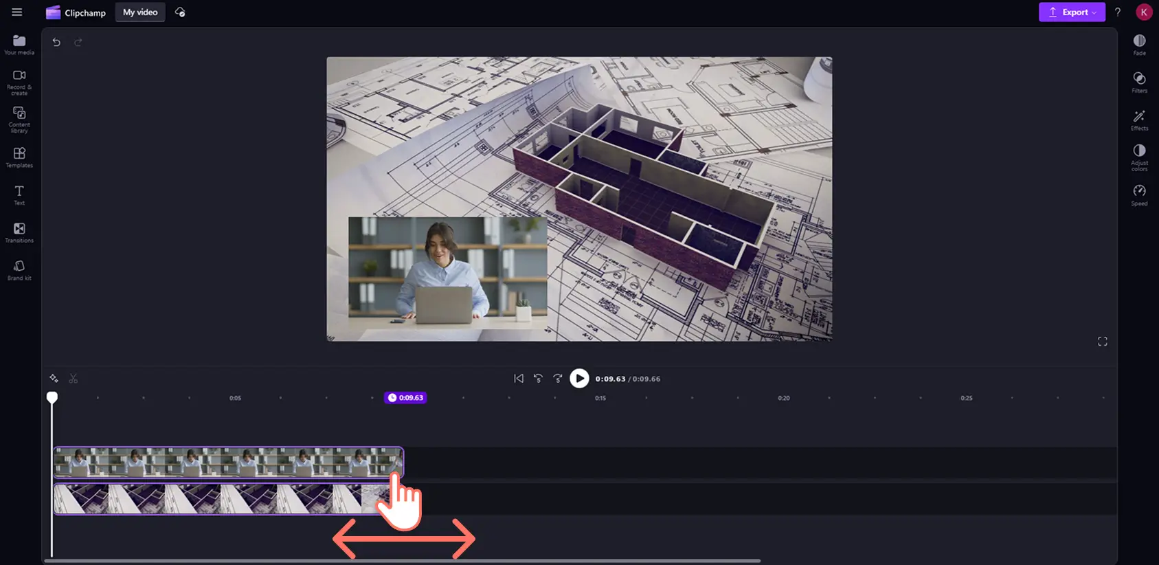 En bruker som beskjærer lengden på en bilde-i-bilde-video i Clipchamp.
