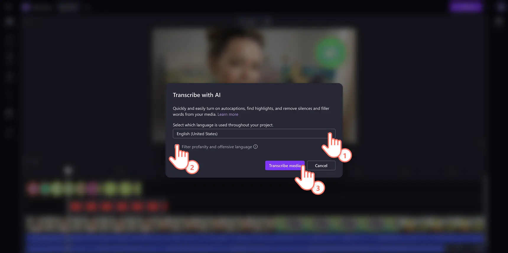Pop-upvenster voor automatische ondertitels in Clipchamp