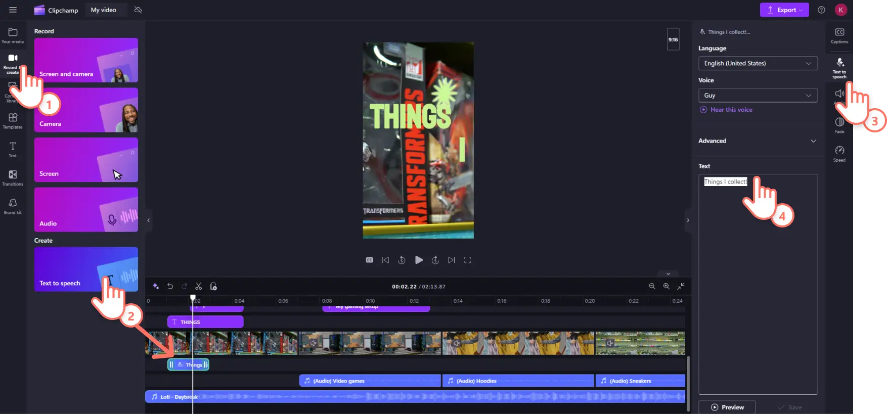 A screenshot of a Clipchamp user adding text to speech to their video.