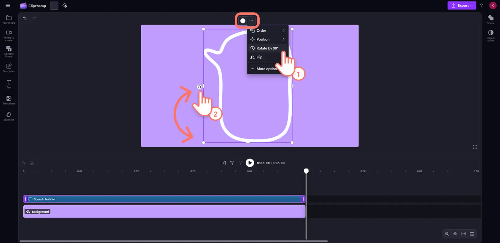 Ein Benutzer, der eine Sprechblasenform in Clipchamp dreht.