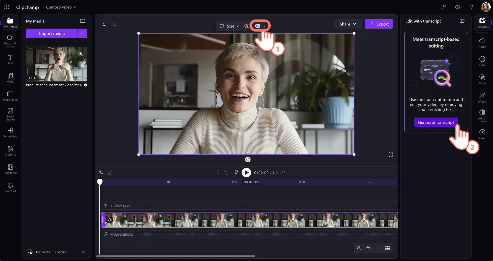En bruger vælger knappen til at generere en afskrift i Clipchamp-videoeditoren til arbejde