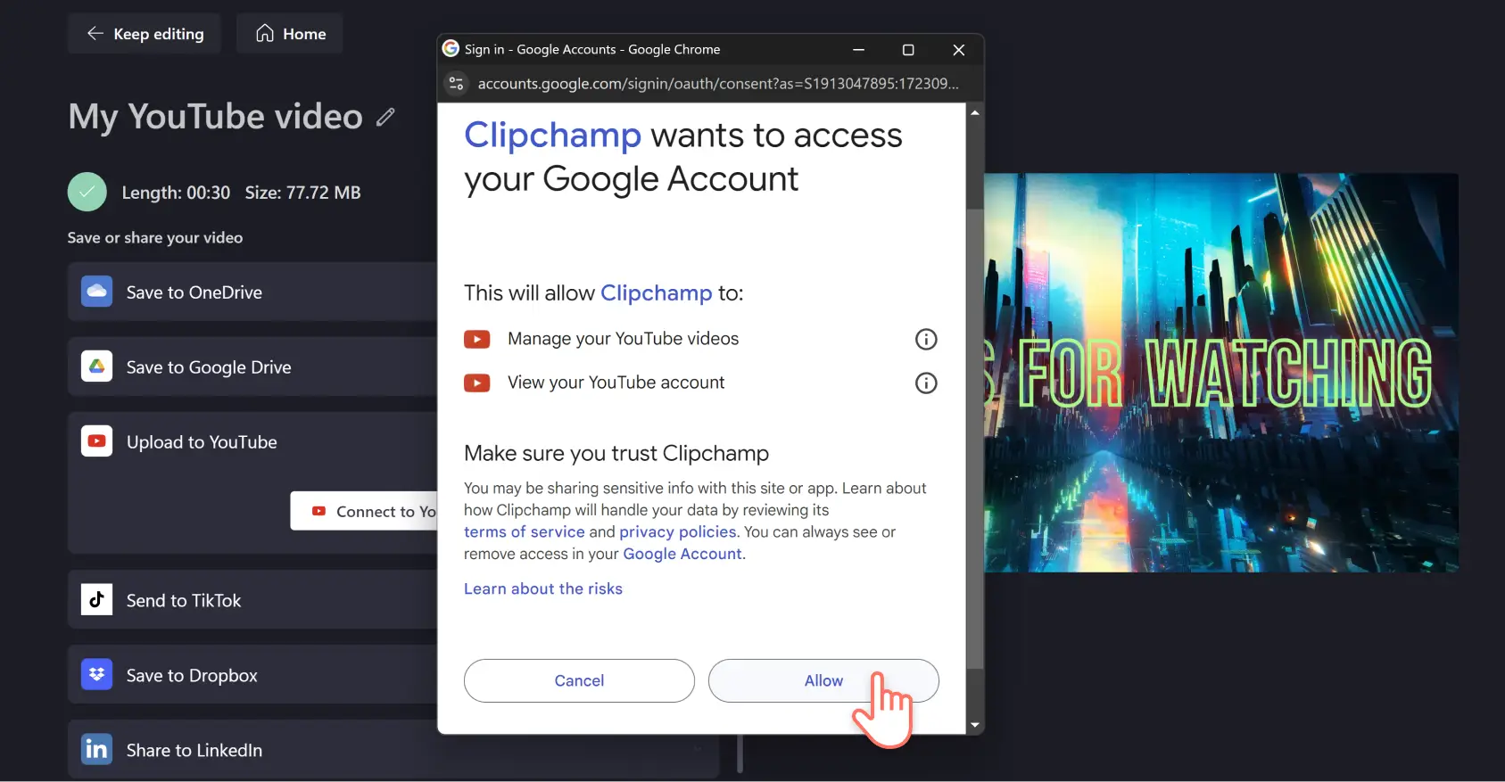 An image of a Clipchamp user clicking allow in the pop-window to grant Clipchamp access to their Google Account.