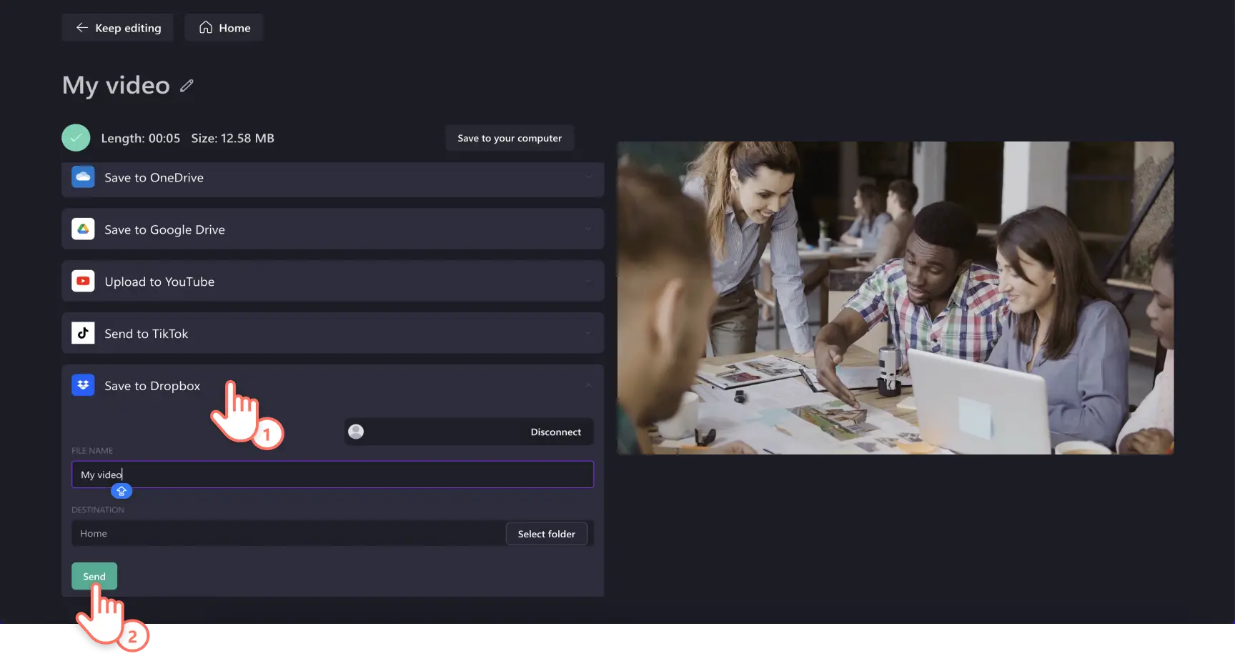 Bilde av en bruker som lagrer en video direkte i Dropbox fra Clipchamp.