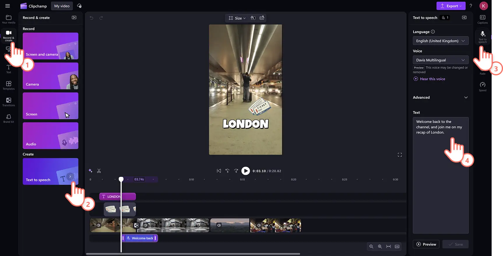 En bruger føjer en voiceover med kunstig intelligens til en rejsehøjdepunktsvideo i Clipchamp-videoeditoren.