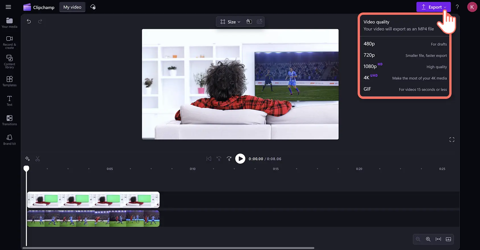 Seorang pengguna mengeksport video skrin hijau dalam editor video Clipchamp.