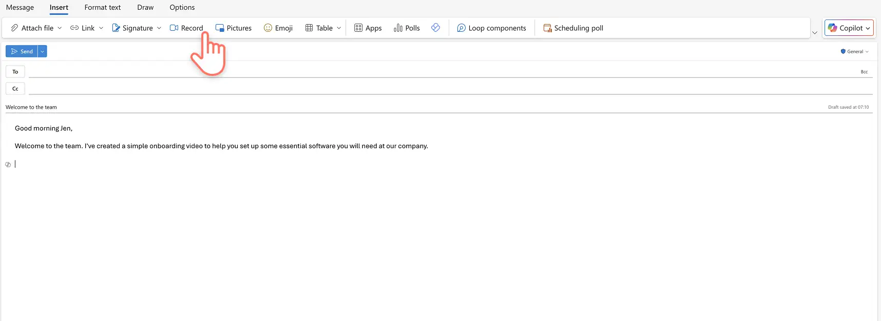 Eine Person wählt das Aktionsfeld „Aufnehmen“ im Menüband von Outlook aus.