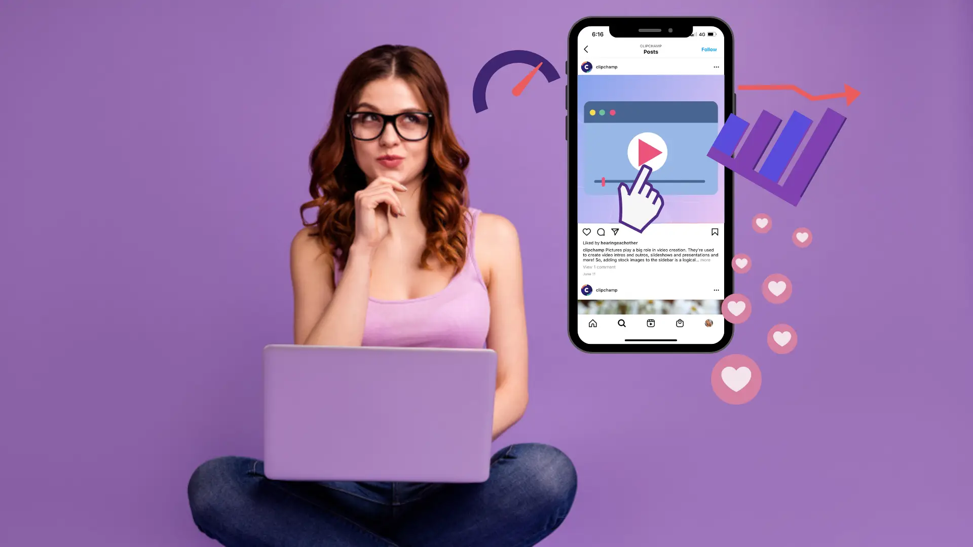 Girl sitting with laptop thinking about how to turn blog article into a high-ranking video, image of mobile screen indicating play button of a video