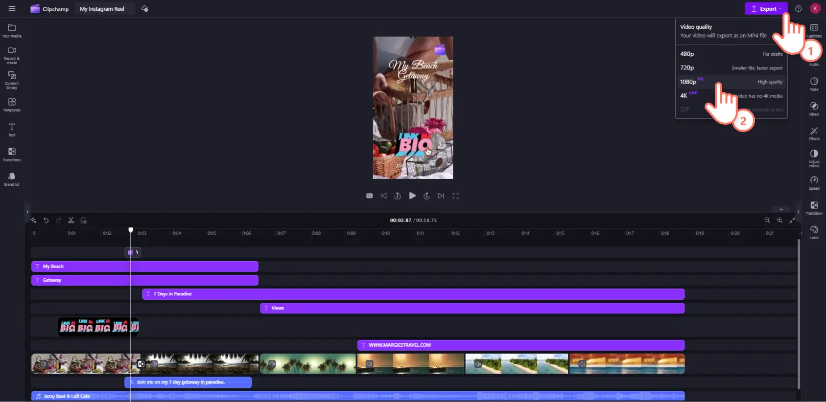 Un utilisateur de Clipchamp exportant sa vidéo reels Instagram en résolution HD 1080p.