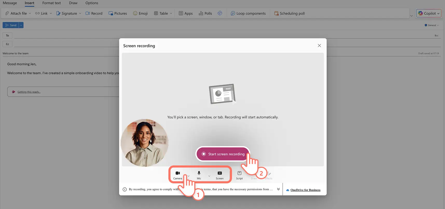 Eine Person erstellt eine Bildschirm- und Kameraaufnahme von Outlook.