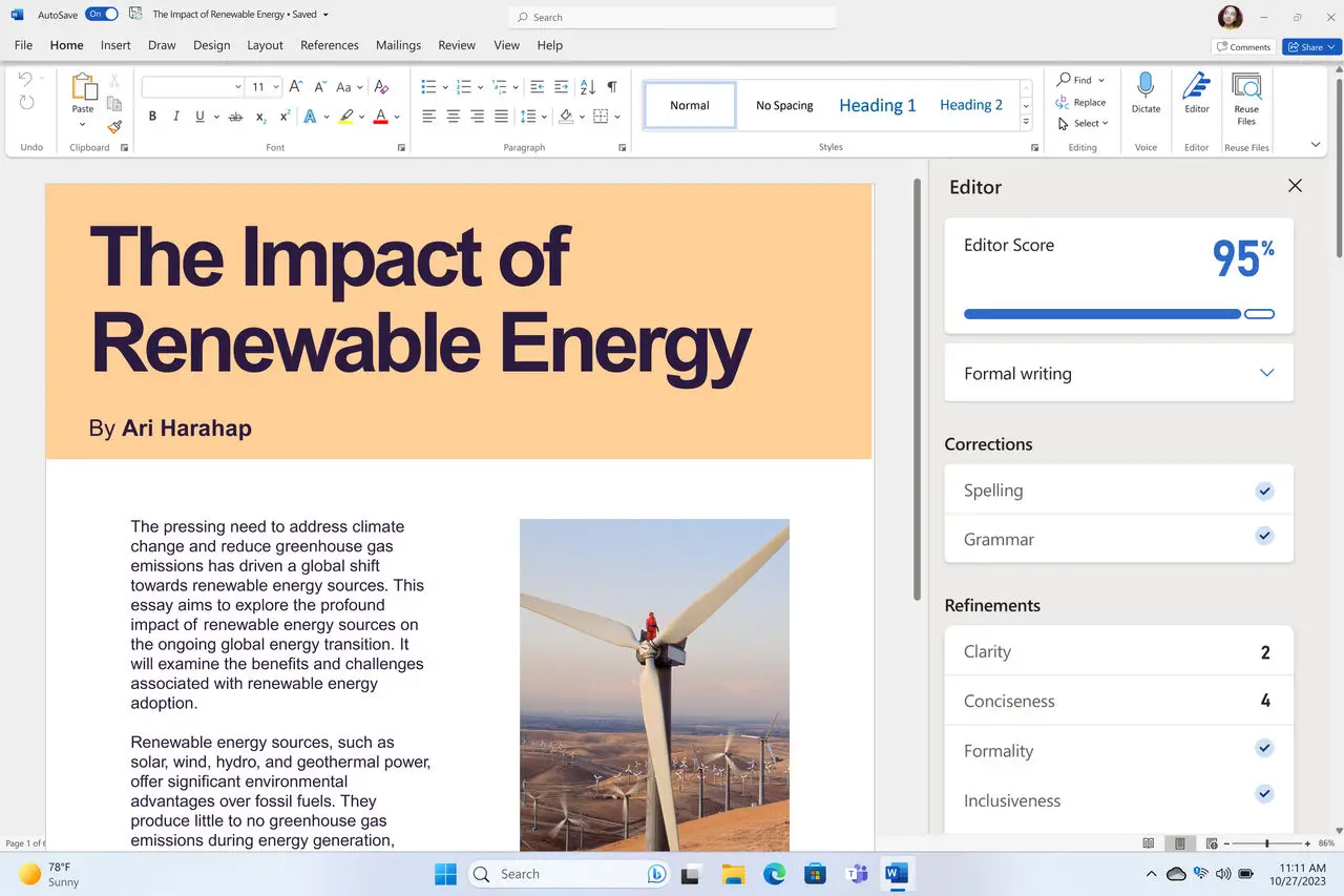 Pengguna mengedit dokumen menggunakan Editor di Microsoft Word.