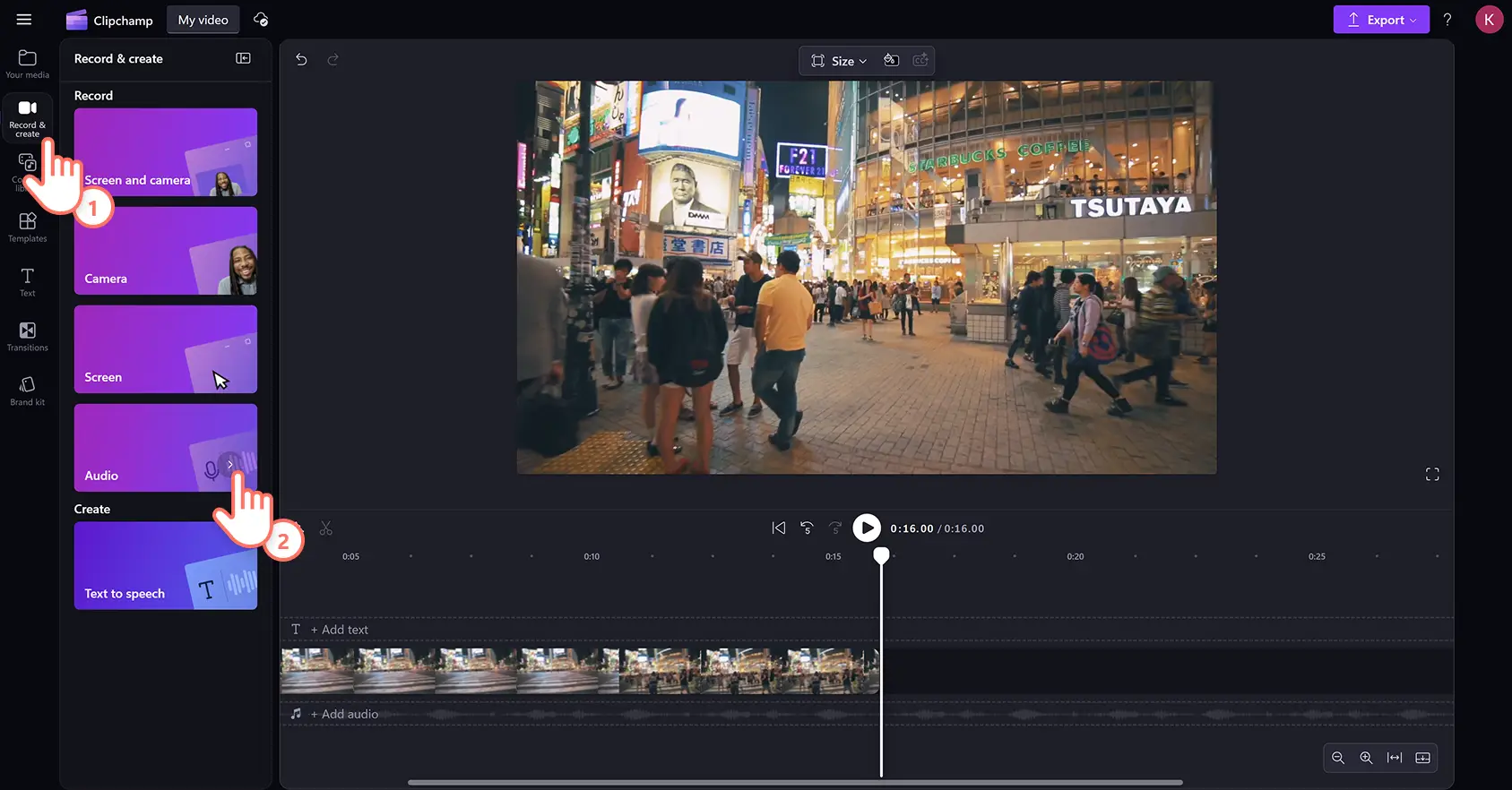 Ein Benutzer, der eine Sprachaufnahme im Clipchamp-Videoeditor erstellt.