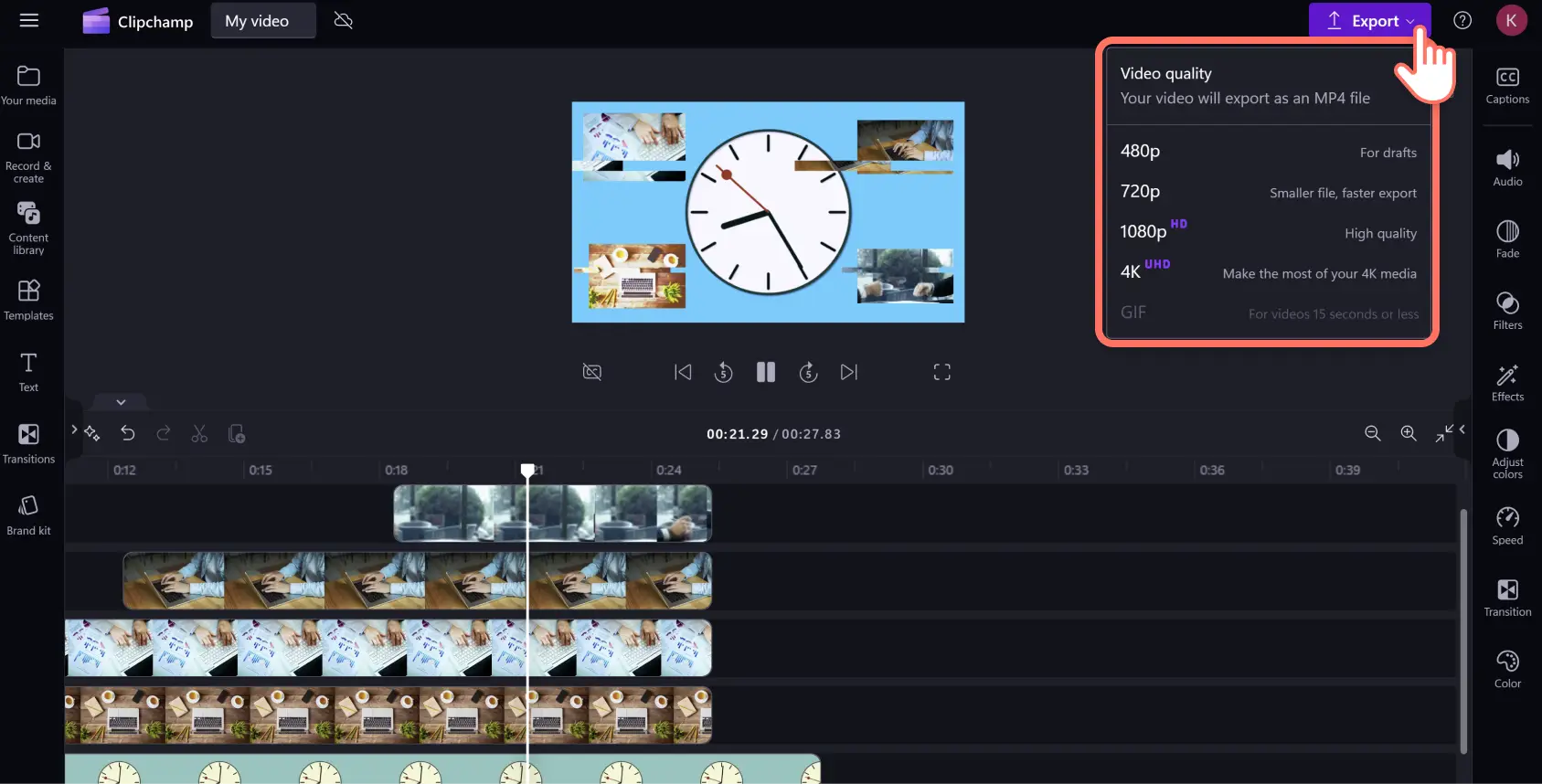 A user exporting a video containing stock video and images in Clipchamp.