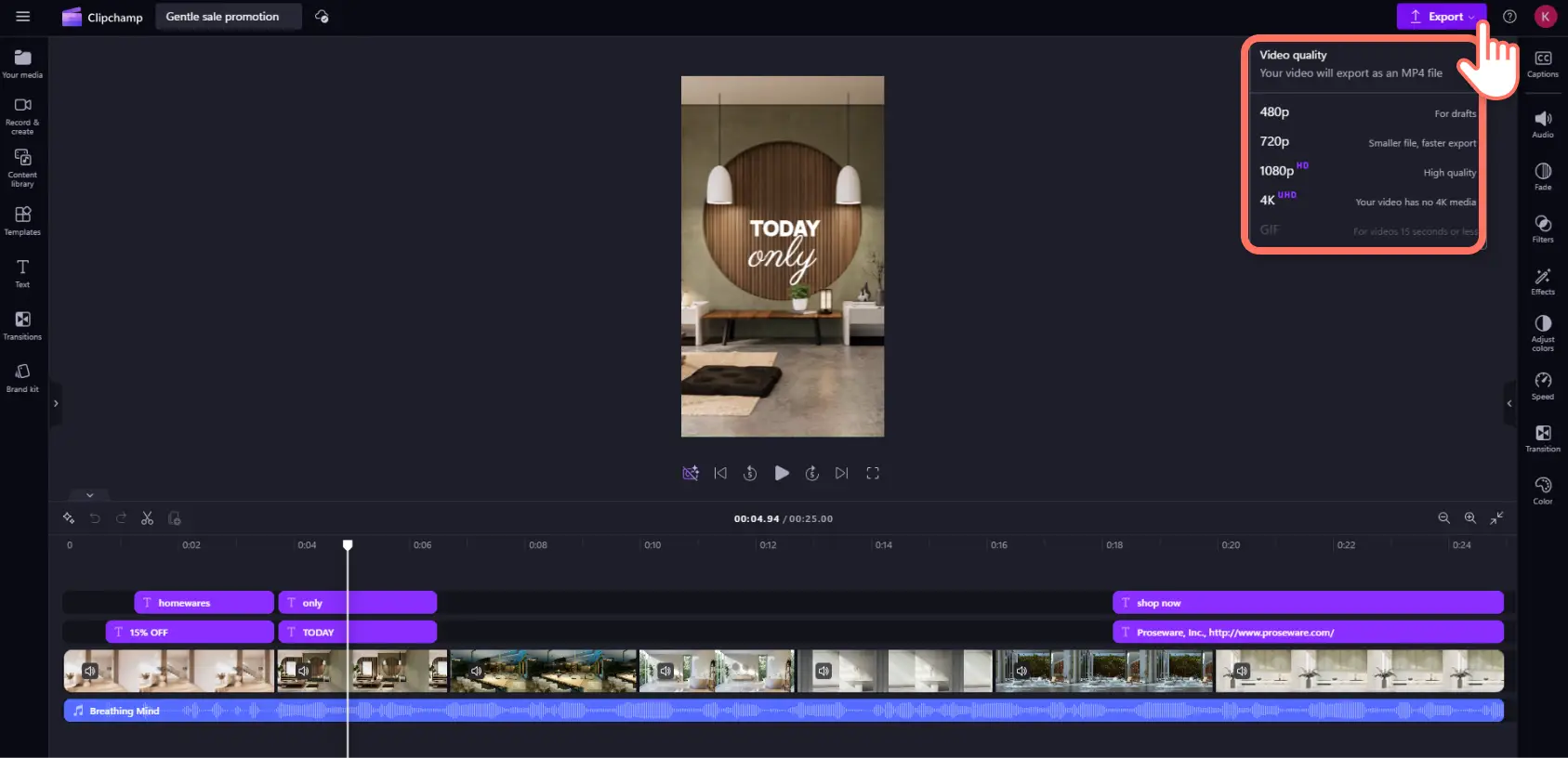 A user adding exporting an Instagram video ad in Clipchamp.