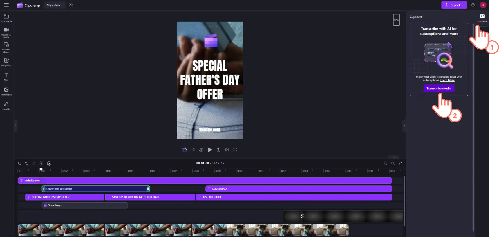 An image of a Clipchamp user turning on autocaptions for their Facebook Story video.