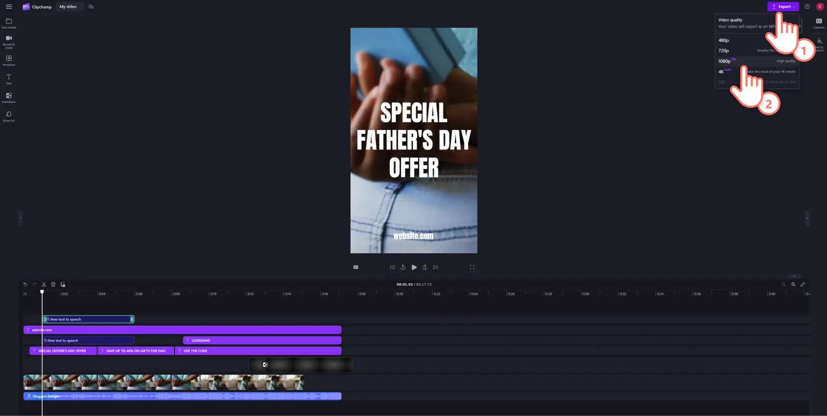 An image of a Clipchamp user exporting their Facebook Story video.