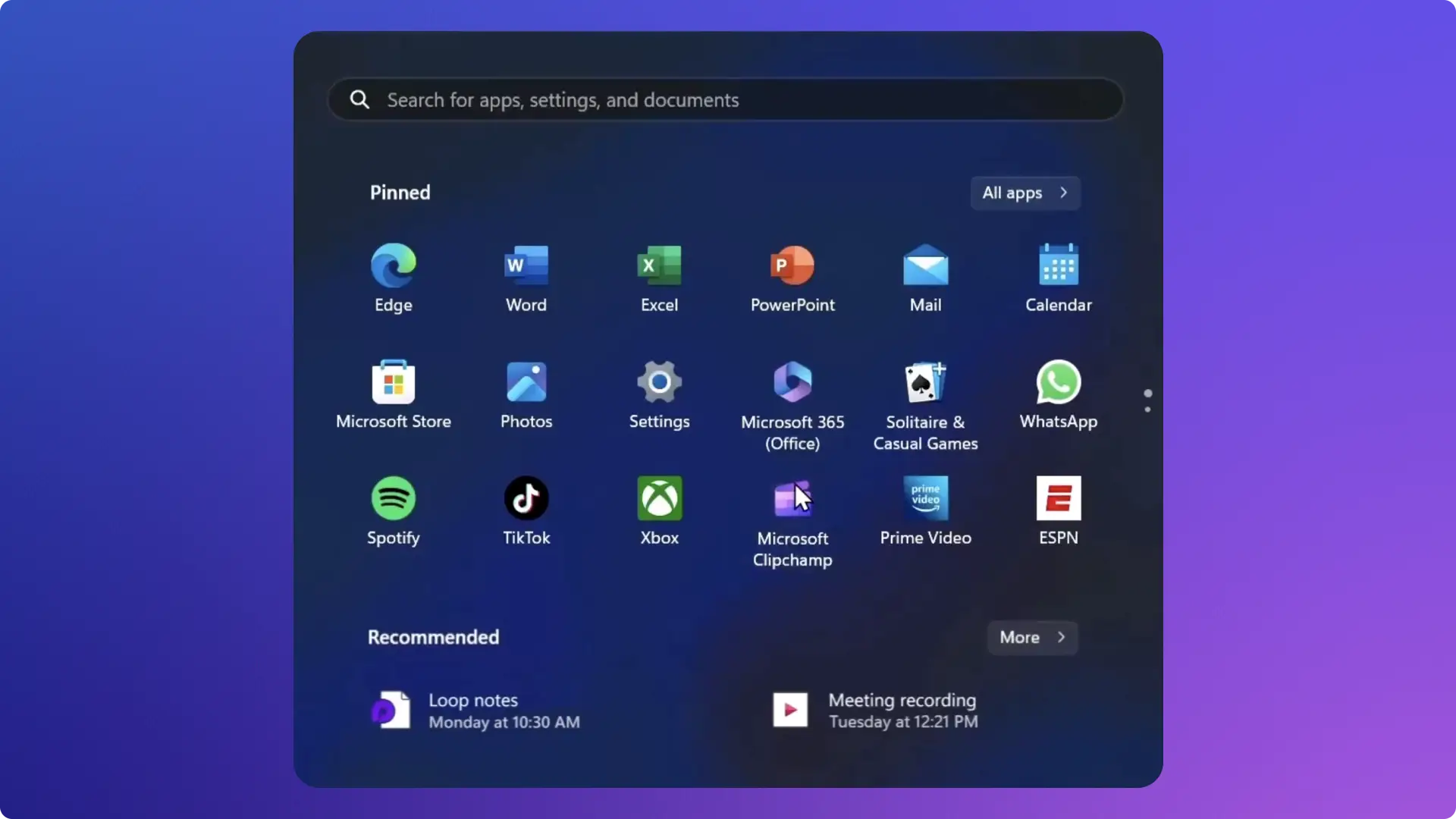 Obraz menu Start w systemie Windows 11 z wyświetlonym logo aplikacji Clipchamp