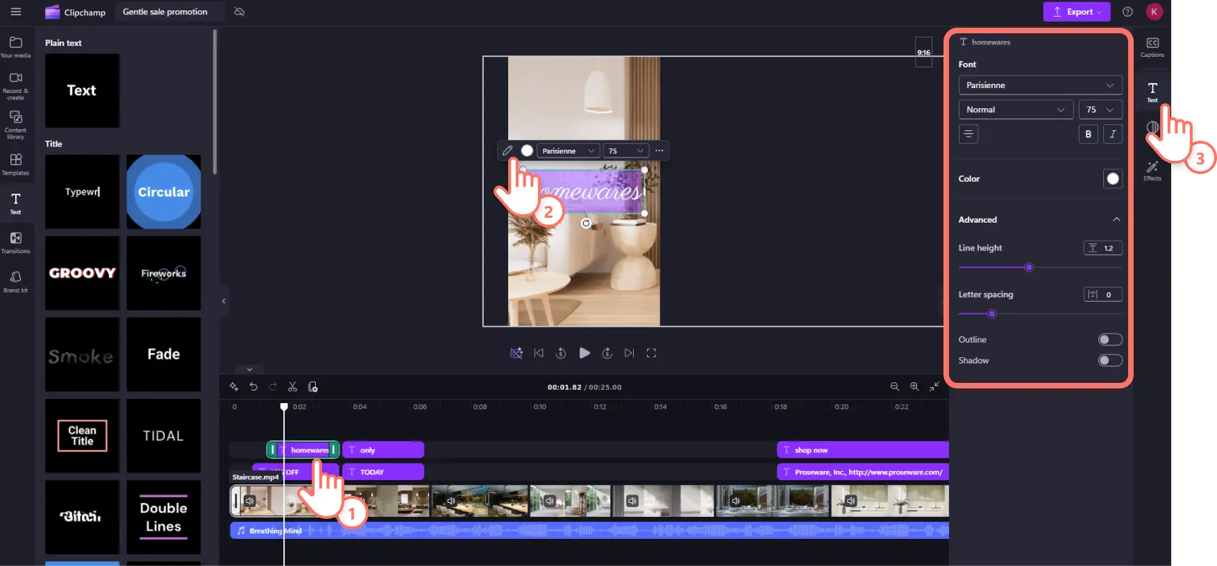 A user customizing the text in an Instagram video ad template in Clipchamp.