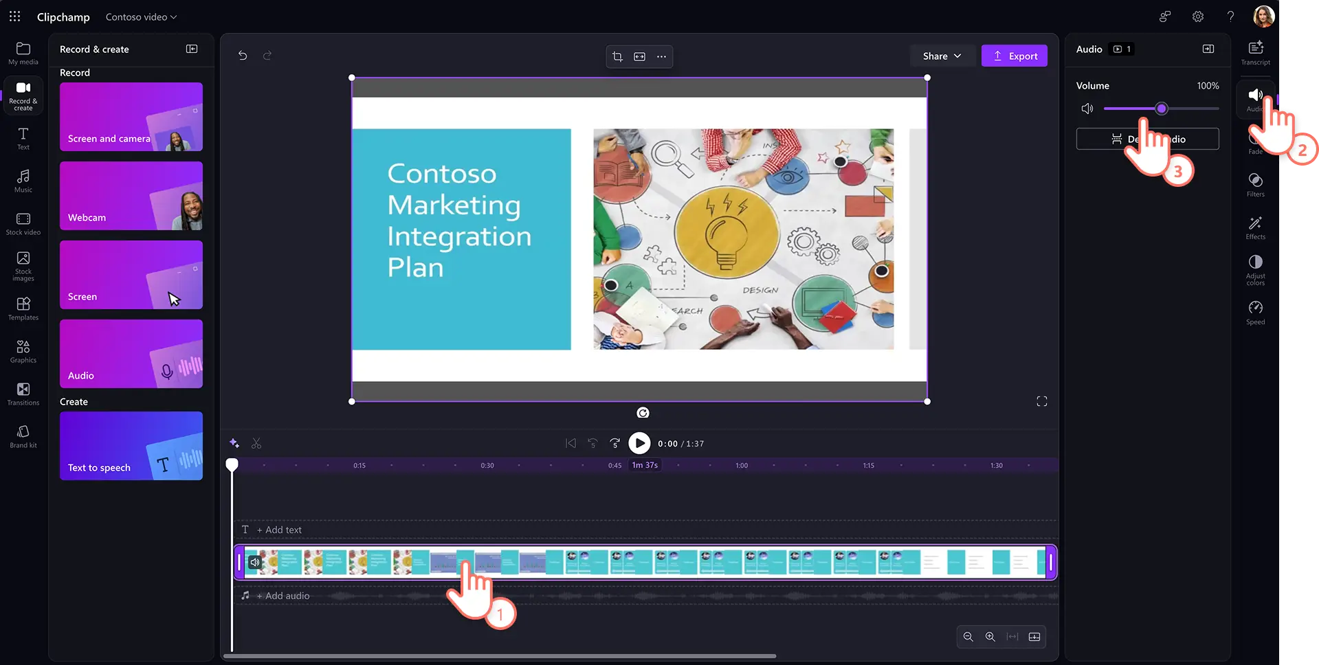 Un usuario aumenta el volumen de la grabación de audio en Clipchamp para el trabajo