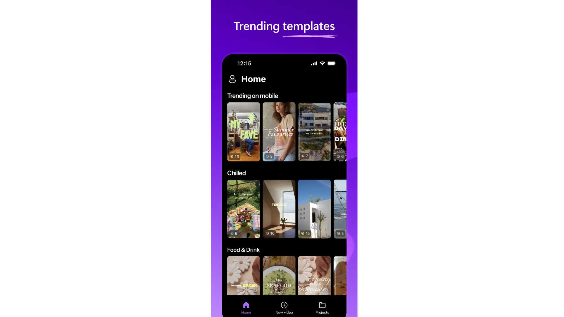 Gambar templat di dalam aplikasi seluler Clipchamp.