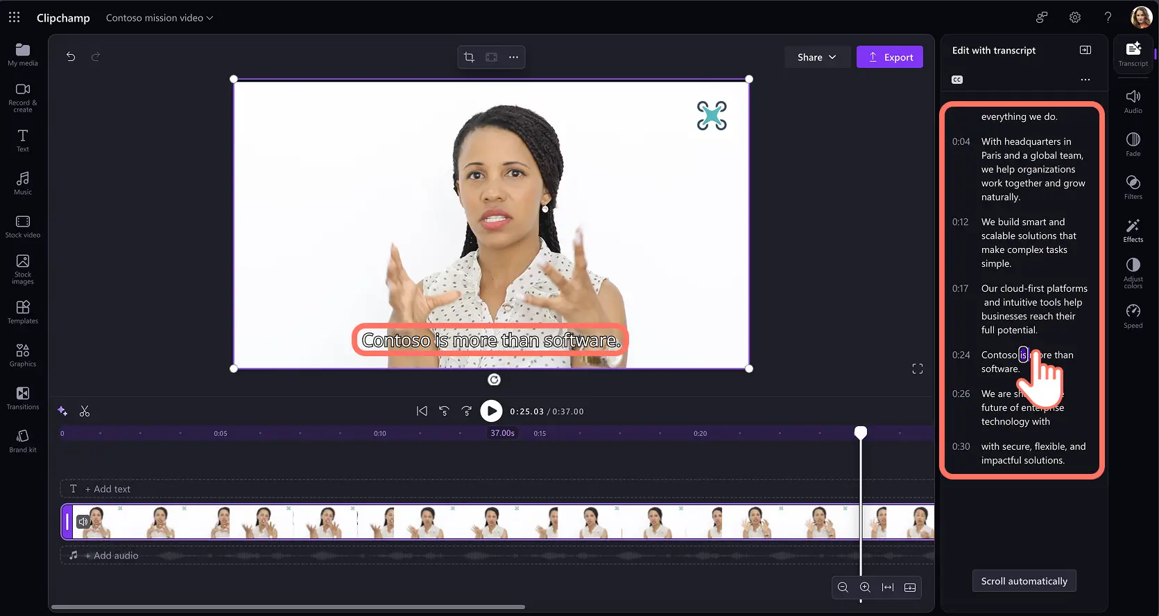 A user scrolling through video transcript in Clipchamp for work