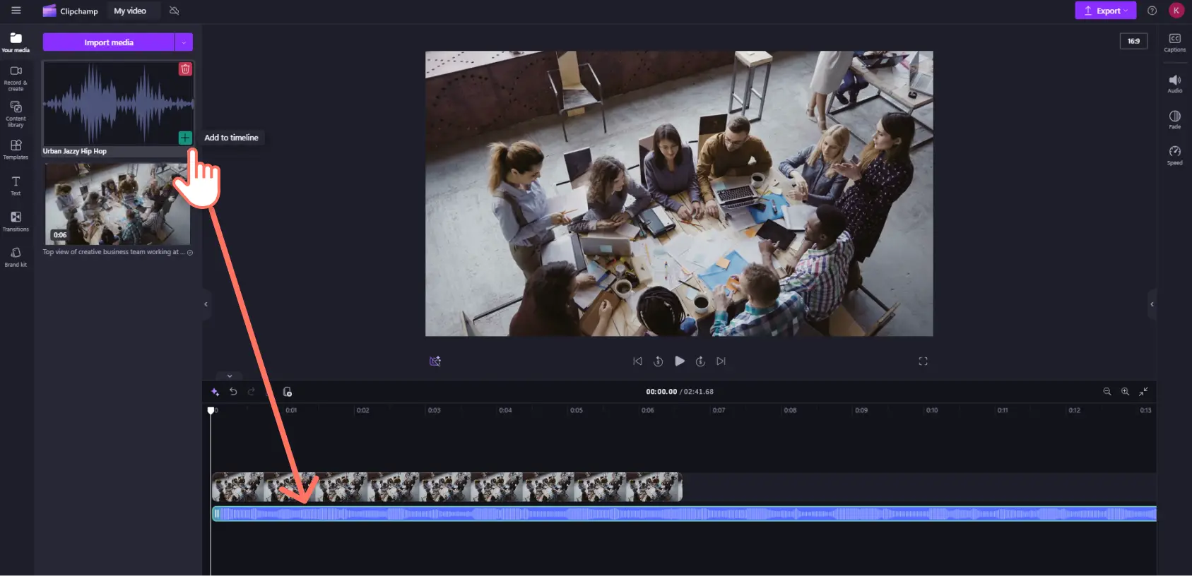 A user dragging and dropping a royalty-free audio song onto the timeline in Clipchamp.