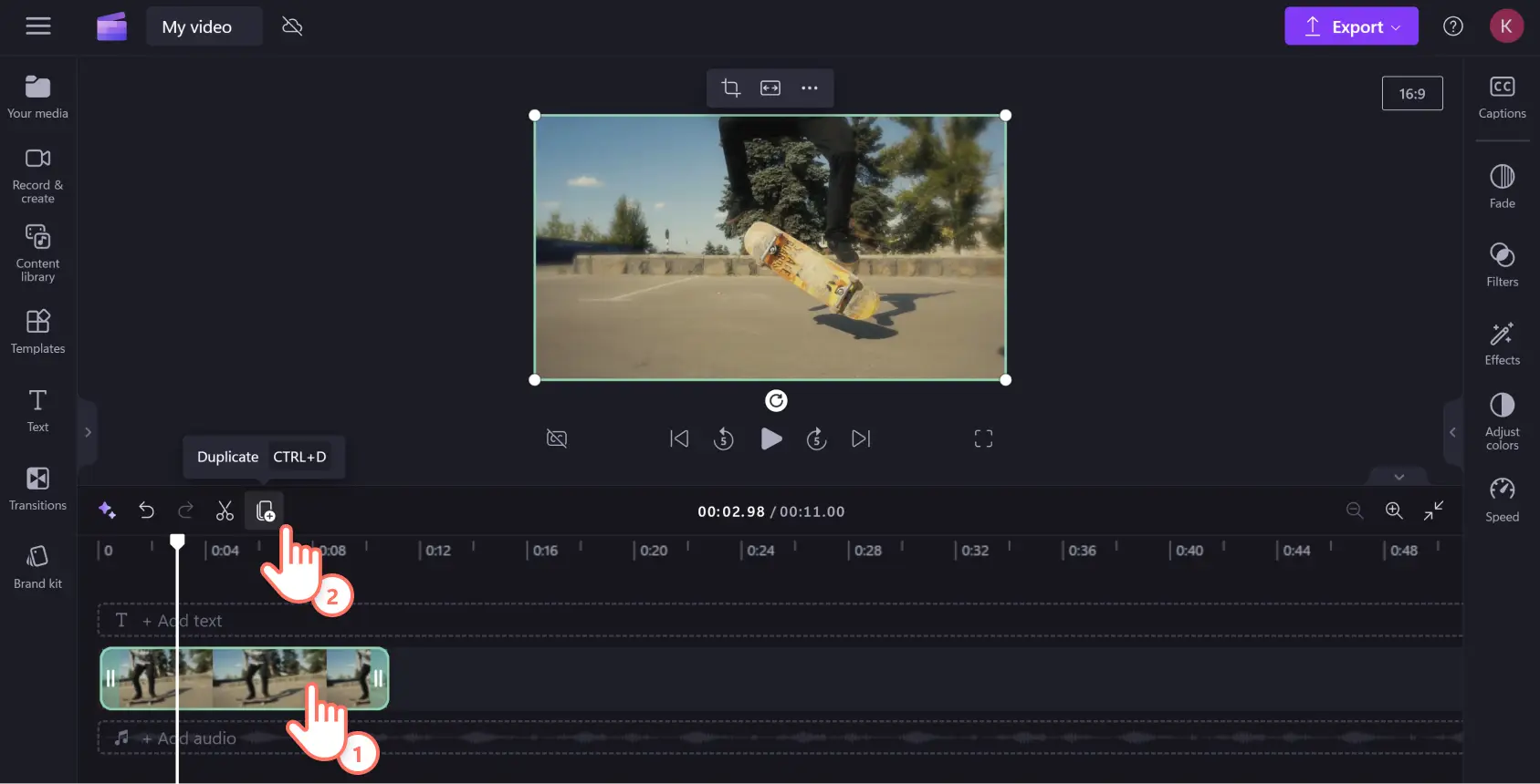 An image of a Clipchamp user hovering their cursor above the duplicate button.