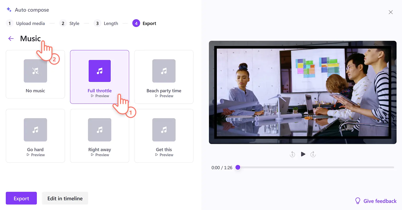 Clipchamp video düzenleyicide yapay zeka otomatik oluşturma özelliğini kullanarak telifsiz müzik seçen bir kullanıcı.