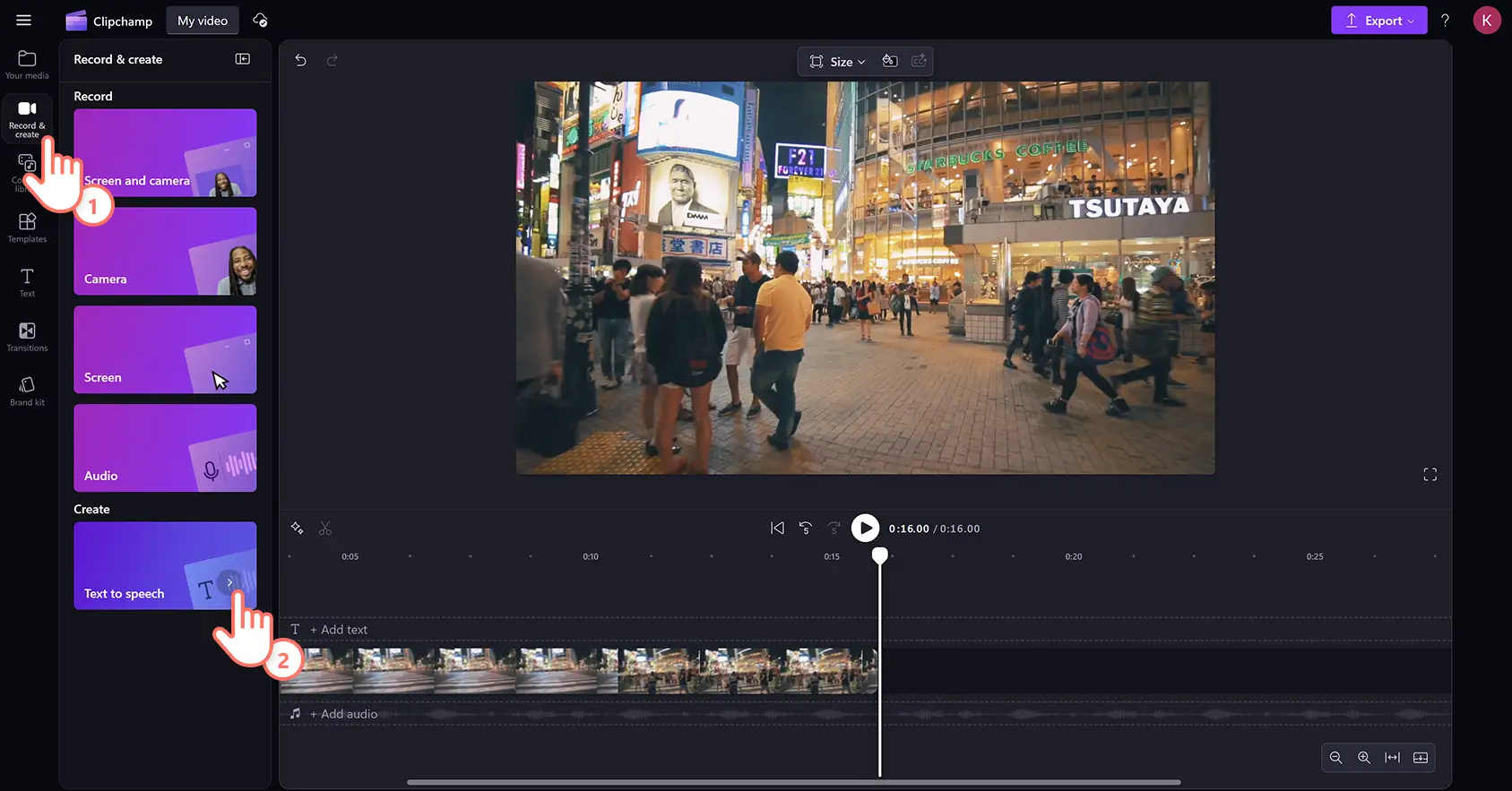 Ein Benutzer, der ein KI-Voiceover zur Zeitleiste im Clipchamp-Videoeditor hinzufügt.