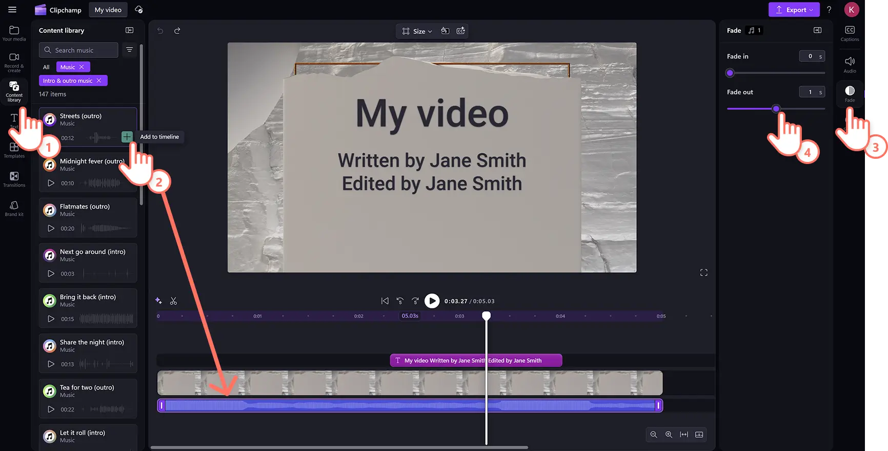 En användare lägger till stockmusik i en eftertextsvideo i Clipchamp.