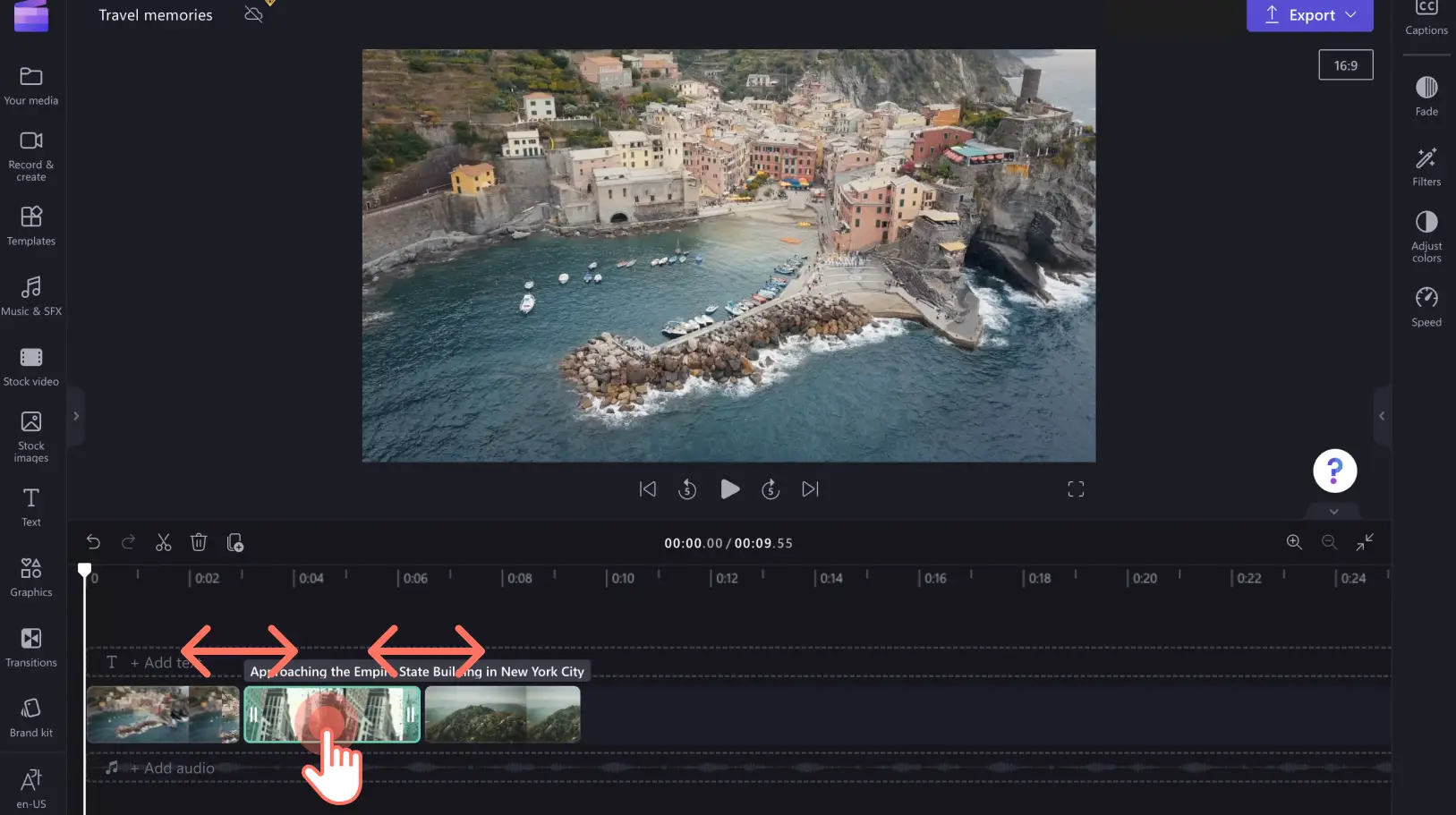 Изображение изменения порядка видеоклипов в Clipchamp.